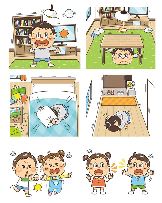 Gakken〈シールで学ぶ こどもの教養ドリル はじめてのぼうさい〉子供向け防災シールブック イラスト制作 イラストレーターStudioCUBE.