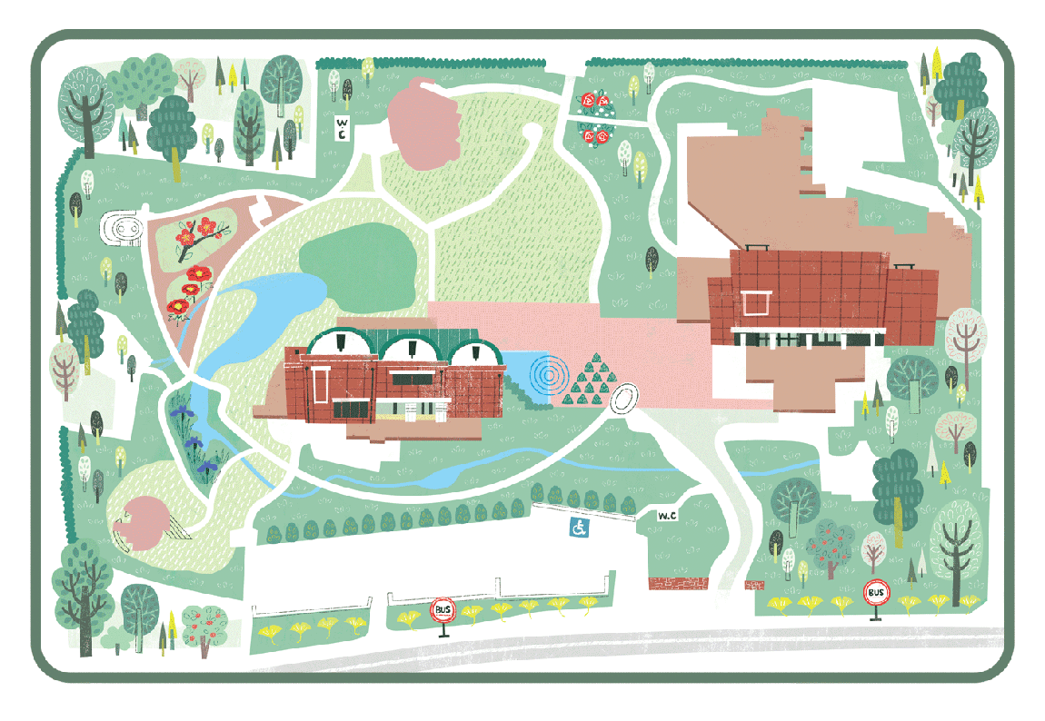 山梨県立美術館・文学館〈芸術の森公園〉おしゃれでかわいい手描き風 観光イラストマップ イラストレーターStudioCUBE.